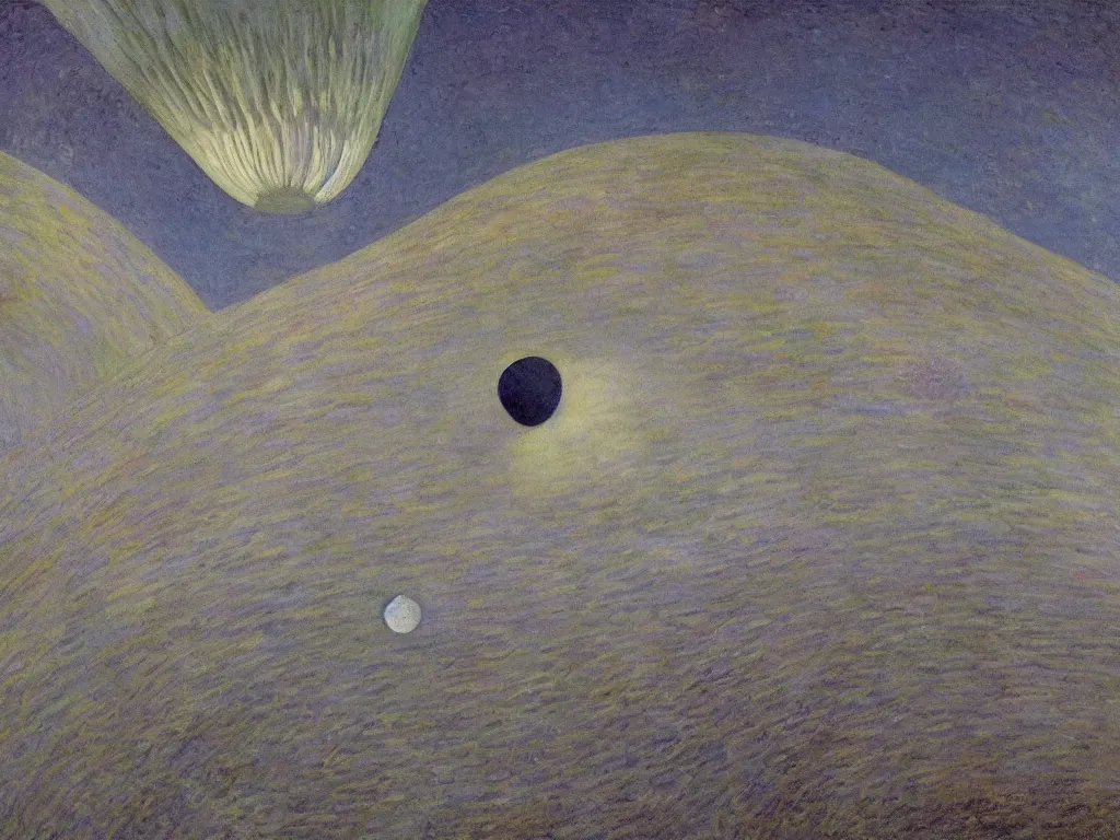 Image similar to white dream bot mothership crashed in the crater of pelt and carbon. painting by monet, piero della francesca, agnes pelton, rene magritte, moebius