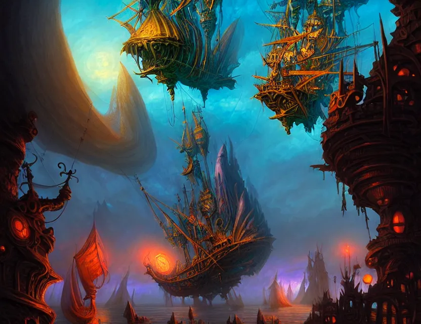 Image similar to the flying magical galleon moves through the multiverse, amazing d & d planescape art, trending on artstation, beautiful digital painting in the style of dan mumford, volumetric lighting, intricate details, ultra realistic, art by kev chan, fantasypunk, deep colors, cgsociety, by art germ, by gerald brom, by peter mohrbacher