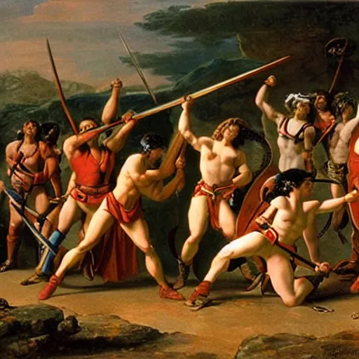 Prompt: muscular warrior women, amazonian warrior women, women fighting men, muscular men, roman warrior men, clashing in bloody field, art by jacques - louis david