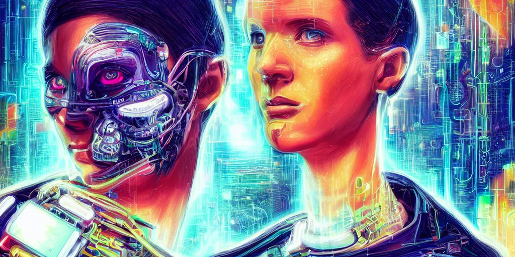 Prompt: portrait of computer & circuits, 8 k, by tristan eaton, trending on deviantart, face enhance, hyper detailed, minimalist, cybernetic, android, blade runner, full of colour, super detailed, cinematic, unreal engine, octane render, chalk texture on canvas