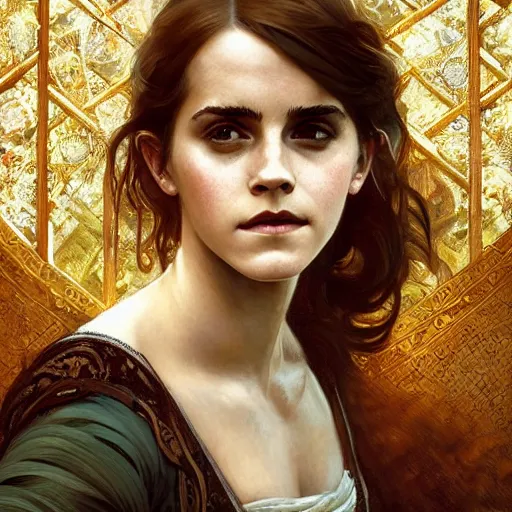 Prompt: emma watson as a bard, d & d, fantasy, intricate, elegant, highly detailed, digital painting, artstation, concept art, matte, sharp focus, illustration, art by greg rutkowski and alphonse mucha