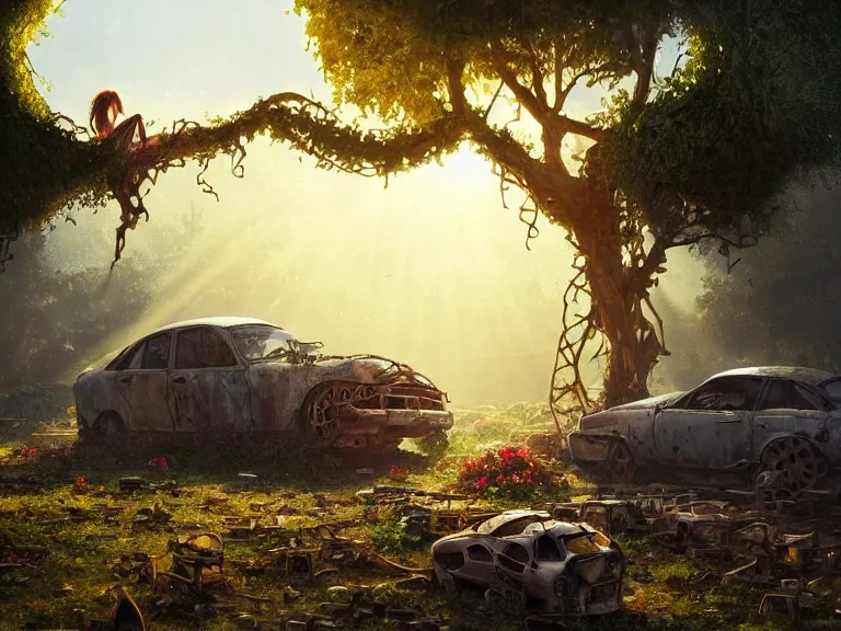 Prompt: a tree growing inside scrap car in ancient greek ruins, gray wasteland, many overgrown scrap cars, pillars and arches, colorful flowers, vines, cinematic, ray of golden sunlight, alphonse mucha, greg rutkowski, trending on artstation, artgerm, breathtaking, smooth, mark arian, award winning