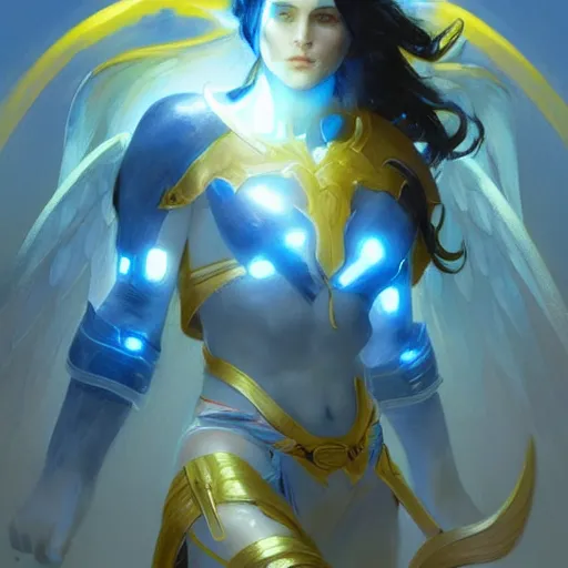 Image similar to warriors of light like angels, blue and yellow, highly detailed, digital painting, artstation, concept art, smooth, sharp focus, illustration, cinematic lighting, art by artgerm and greg rutkowski and alphonse mucha