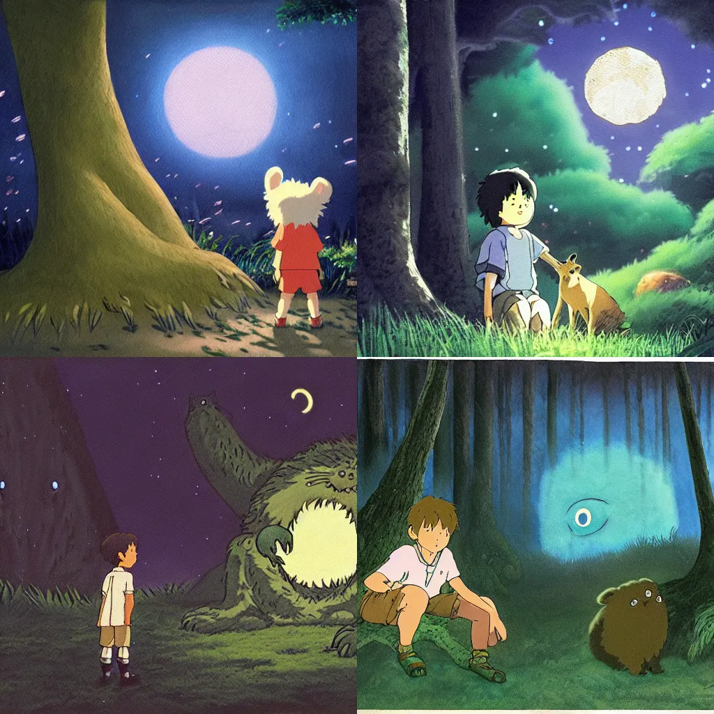 Prompt: a small boy leaning on a tree encounters a giant furry one - eyed monster in a misty moonlit forest, painting by studio ghibli. surrounded by fireflies, cinematic lighting