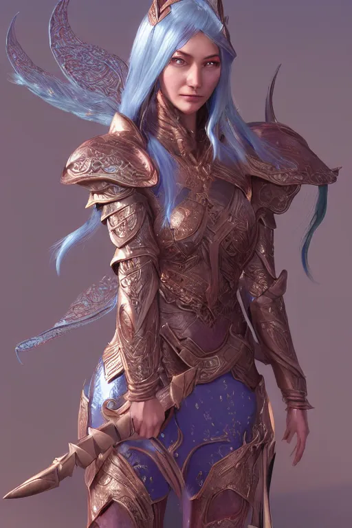 Image similar to a beautiful and highly detailed digital illustration of a female elven paladin with blue hair in rose gold armor, a digital painting by lu ji, cgsociety, photorealism, daz 3 d, sketchfab, zbrush
