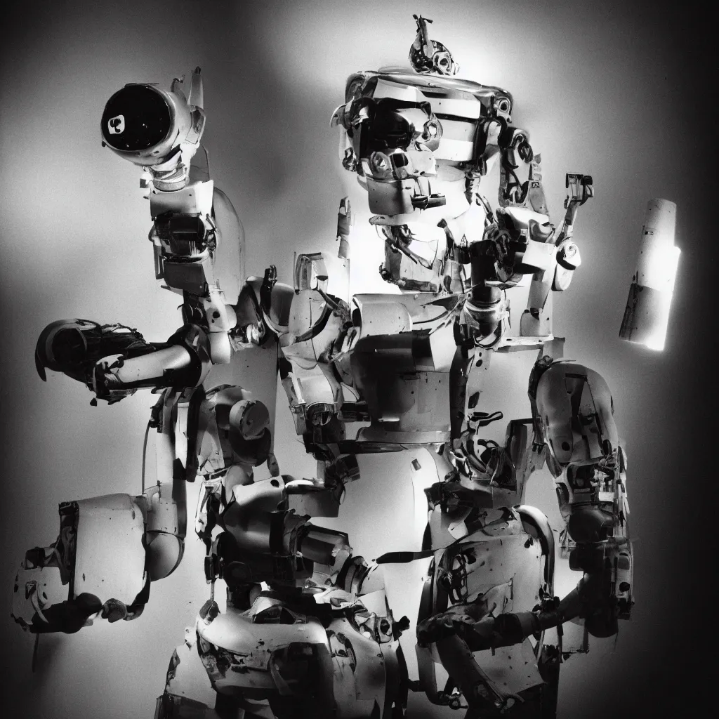 Image similar to studio portrait photo of a 50's robot, 50mm, kodak, backlit, steve mccurry, film