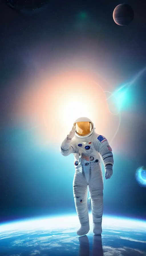 Image similar to a vaporware render of an astronaut looking at a huge planet in the sky with rings through a glowing rectangle. there is shiny water reflecting everything from below. 8 k, unreal engine, blender, by caleb worcester