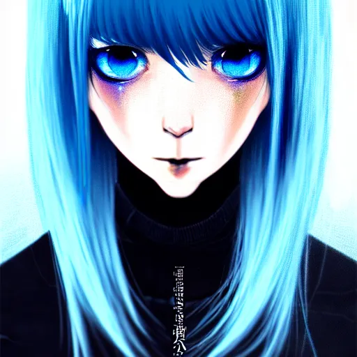 Image similar to full face shot of rimuru tempest, sky blue straight hair, long bangs, with amber eyes, wearing a black jacket, high collar, ultra detailed, concept art, award winning photography, digital painting, cinematic, wlop artstation, closeup, pixiv, evil, yoshitaka amano, andy warhol, ilya kuvshinov,