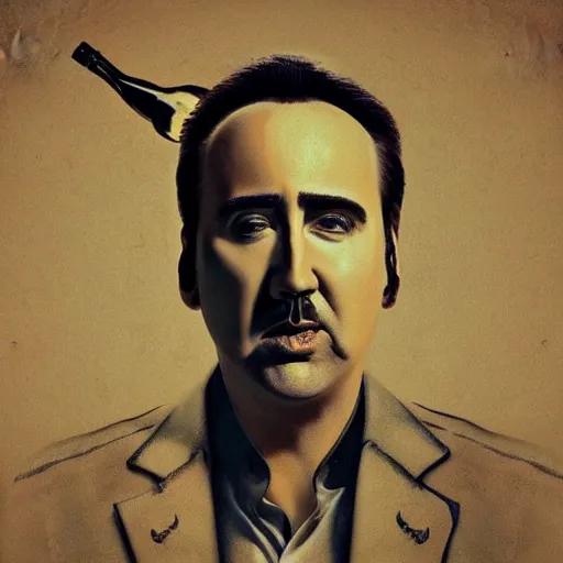 Image similar to Drinking from bottle liquid with face Nicolas Cage, Surrealism, Surreal drawing, Digital art, from artstation, art by Salvador Dali