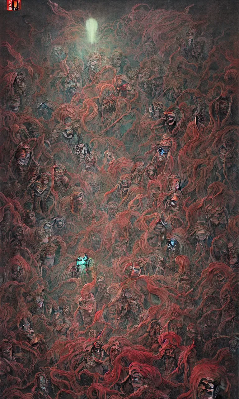 Image similar to zhongyuan festival, chinese ghost festival, king of hell, inside page of comic book, psychedelic lights and fog, in the style of zdzislaw beksinski, ayami kojima, takato yamamoto, barclay shaw, karol bak, glowing light and shadow, hyperrealist