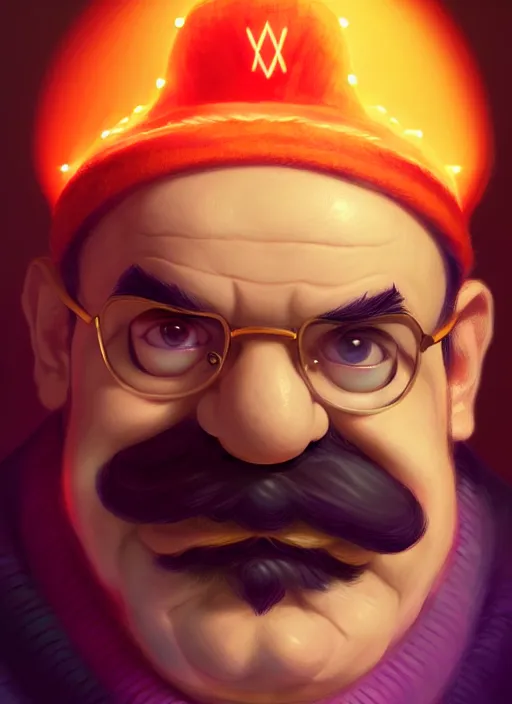 Image similar to portrait of wario from warioware, intricate, elegant, glowing lights, highly detailed, digital painting, artstation, concept art, smooth, sharp focus, illustration, art by wlop, mars ravelo and greg rutkowski