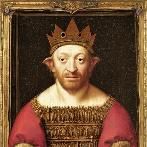 Image similar to a renaissance style portrait of a hedgehog king wearing a crown and a cape, dark background