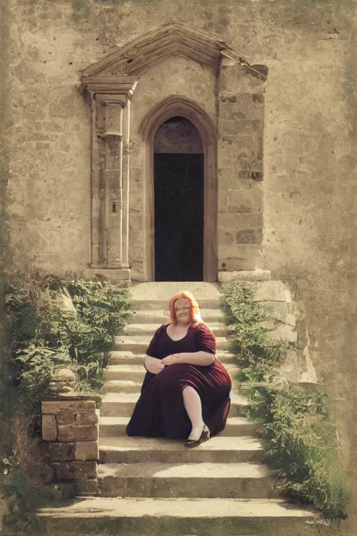 Image similar to plus - sized woman sitting on the stairs of a medieval building, summer, nature, natural light, forest setting, 1 9 6 0 s art, neo - renaissance, photo collage, by tom wesselman, by mel ramos, by martial raysse, by antonello de messina, by jim silke