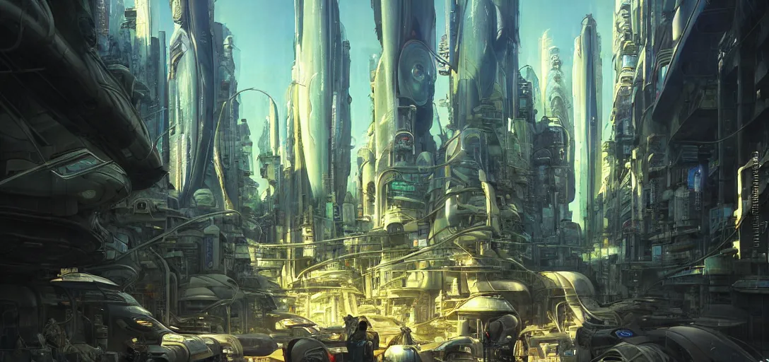 Prompt: futuristic street of a solarpunk alien city by taras shevchenko, extreme backlighting, sci fi, highly detailed, intrincate, digital painting, smooth, sharp focus, golden ratio, illustration, concept art, by stephen hickman and james gurney and hiromasa ogura ghost in the shell