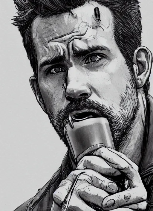 Image similar to close up portrait of ryan reynolds drinking coffee upside down, powerful, domineering, stoic, masterful, intense, ultrafine hyperdetailed illustration by kim jung gi, irakli nadar, intricate linework, sharp focus, octopath traveler, yoji shinkawa, highly rendered, detailed, concept art