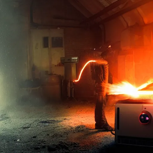 Image similar to cyborg with toaster oven chest, dark messy smoke - filled cluttered workshop, dark, dramatic lighting, orange tint, sparks, cinematic, highly detailed, sci - fi, futuristic, movie still