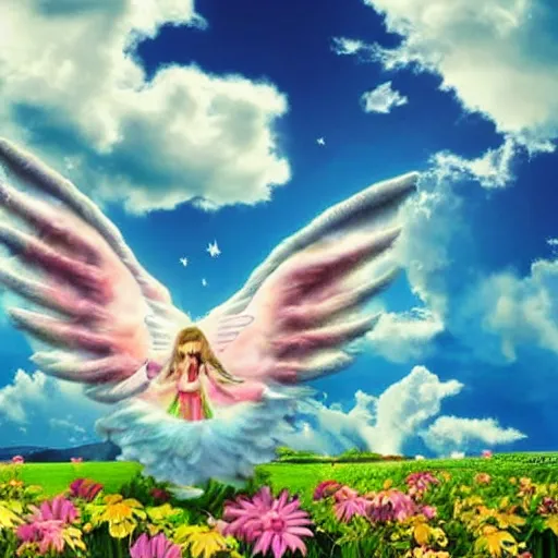 Image similar to bright blu sky. fluffy clouds. angels with big wings wake - up