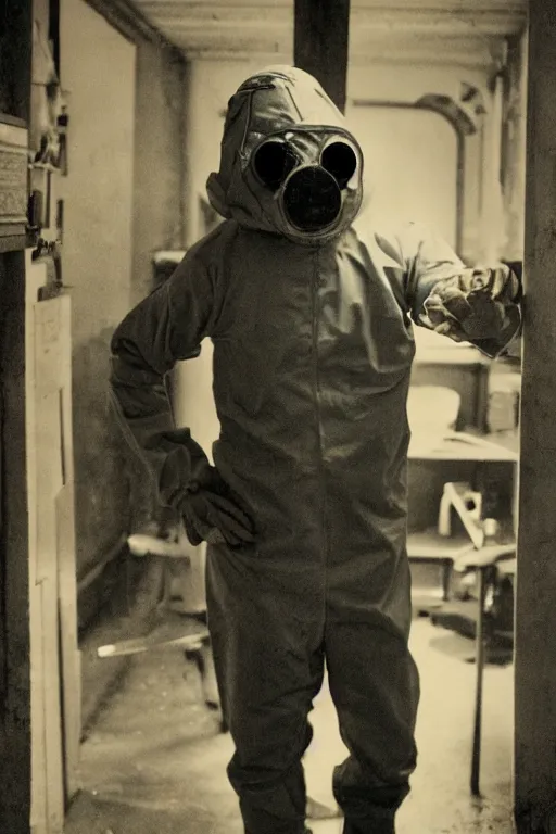 Image similar to .dalle gentleman in nuclear protective clothing with mask in the midst of the debasement. realistic, very realistic cinematographic, photo, photorealistic