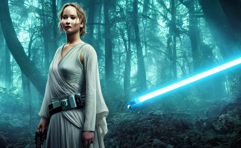 Image similar to jennifer lawrence as a jedi with a blue lightsaber in an ancient bioluminescent forest, new star wars movie poster from lucas arts, perfect symmetrical face, full moon, moody lighting, 8 k, shallow depth of field, intricate detail,