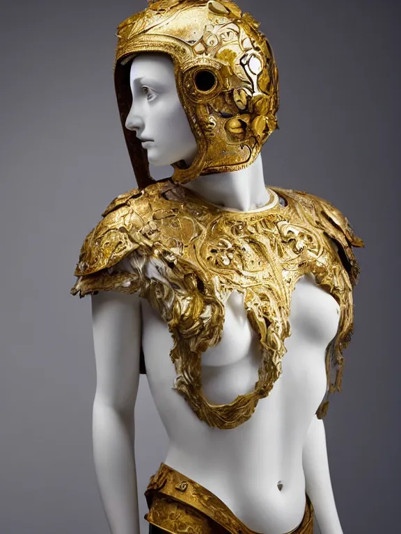 Image similar to a dramatically lit art nouveau white marble head and torso sculpture of a worried young christina hendricks, wearing intricate gold plate armor on her chest and a golden helmet, delicate, intricate, smooth, beautiful, glowing, by charles van der stappen