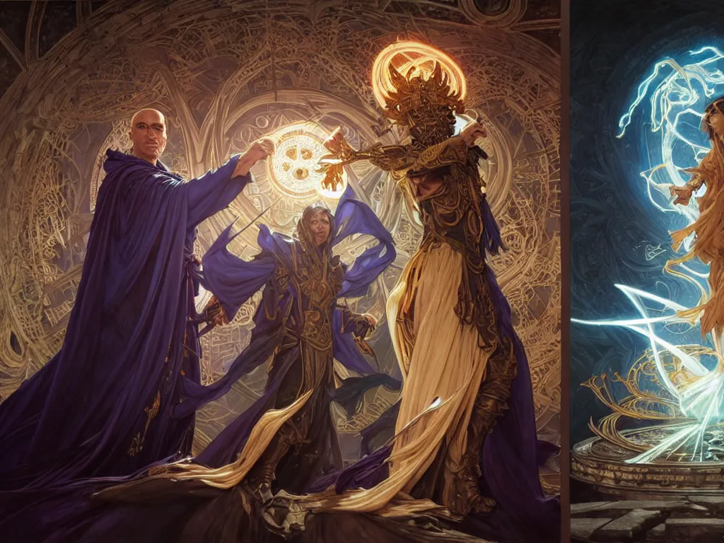 Image similar to painting of powerful stylish sorcerer and a cleric banishing the darkness and its abominations with a rainbow spell, ultra realistic, concept art, intricate details, eerie, highly detailed, photorealistic, octane render, 8 k, unreal engine. art by artgerm and greg rutkowski and magali villeneuve and alphonse mucha