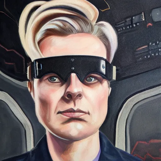Image similar to square - jawed emotionless serious blonde woman starship engineer, tribal tattoos, handsome, short slicked - back hair, uncomfortable and anxious, looking distracted and awkward, wearing victorian dark goggles, flight suit and gloves, highly detailed, oil painting