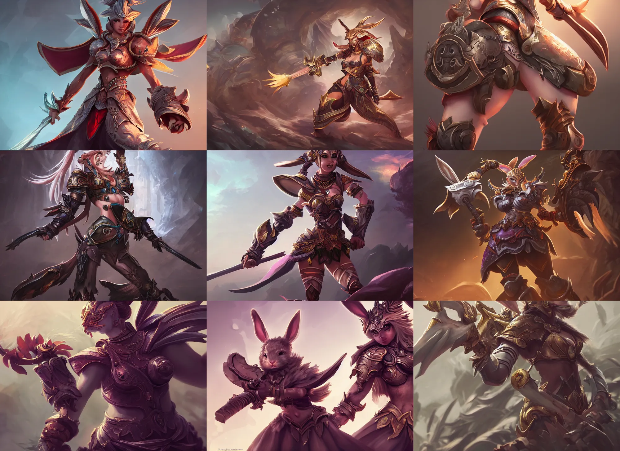 Prompt: female rabbit anthropomorphic warrior concept art, digital illustration, trending on artstation, intricate details, epic composition, sharp focus, 8 k uhd, masterpiece, league of legends splash art