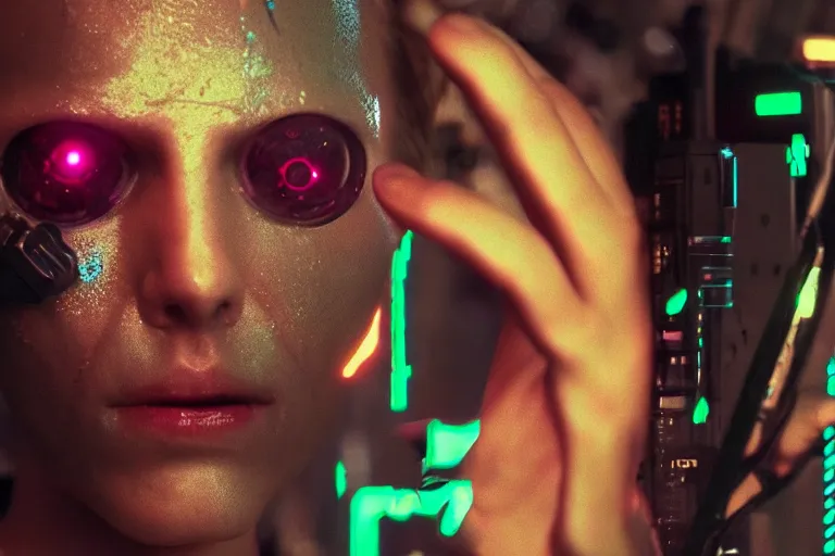 Prompt: VFX movie of a cyberpunk hacker closeup portrait in high tech compound, beautiful natural skin neon lighting by Emmanuel Lubezki