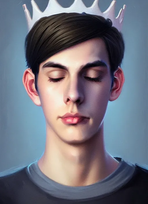 Image similar to portrait of teenage jughead jones wearing a light grey crown, photorealistic, crown, eyes closed, crown, black hair, intricate, elegant, glowing lights, highly detailed, digital painting, artstation, concept art, smooth, sharp focus, illustration, art by wlop, mars ravelo and greg rutkowski