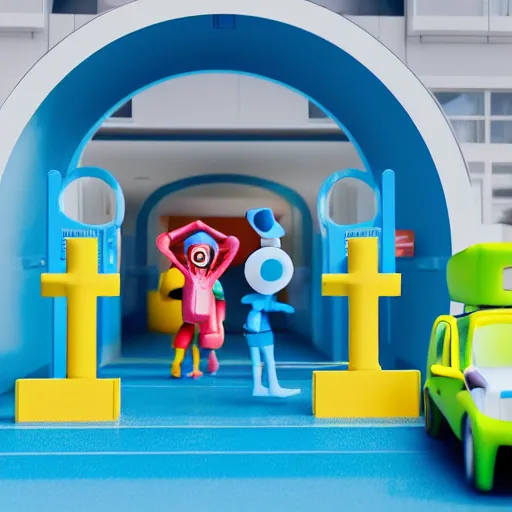 Image similar to playskool people figures entering a hospital shaped like a plus sign, the hospital is seen from outside and above, matte plastic materials, blue tones, 3 d, redshift, hydri, subsurface scattering, cgi, high quality render, ambient occlusion