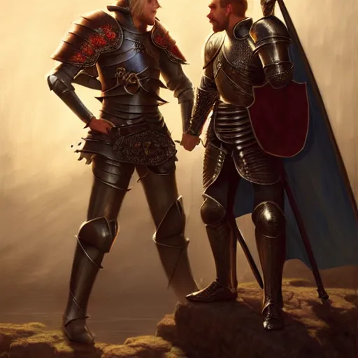 Image similar to attractive arthur pendragon and his favourite attractive male knight, they are in love, camelot, natural lighting, path traced, highly detailed, high quality, digital painting, by gaston bussiere and ross tran and j. c. leyendecker