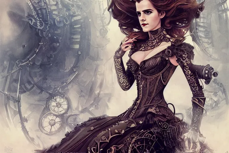 Image similar to three-quarters pose portrait of Emma Watson as a beautiful Lady Mechanika, very beautiful young woman, ginger wavy hair, Victorian-era push-up underwire. Intricate, steampunk imagery themed, D&D!, fantasy style, sharp focus!, ultra detailed, art by Artgerm and Peter Andrew Jones