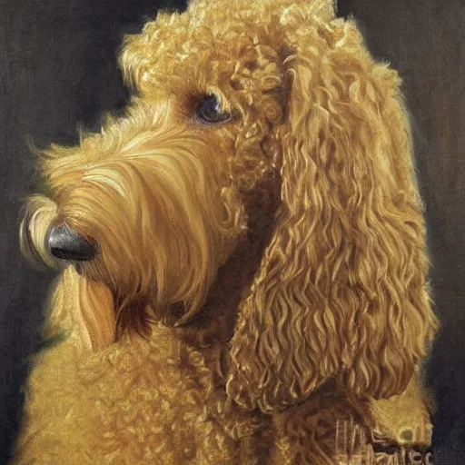 Image similar to portrait of a golden doodle as a queen painting very detailed