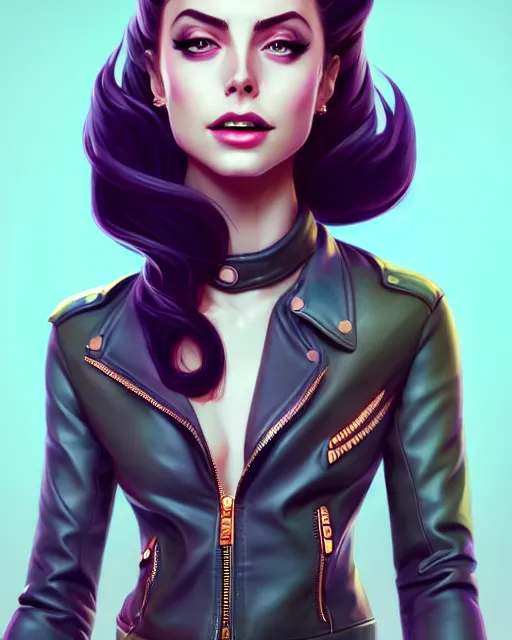 Image similar to a portrait of a beautiful willa holland pompadour long hair leather jacket, art by lois van baarle and loish and ross tran and rossdraws and sam yang and samdoesarts and artgerm, digital art, highly detailed, intricate, sharp focus, trending on artstation hq, deviantart, unreal engine 5, 4 k uhd image