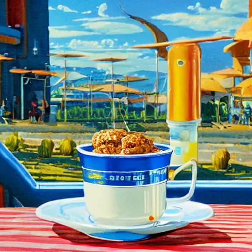 Image similar to cup of yogurt on table foreground, intricate detail, 8k optane render, background has a blue sky, optimistic colors, background by Robert McCall, solarpunk