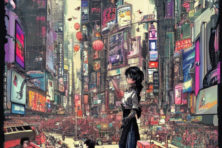 Image similar to an intricate, awe inspiring cyberpunk illustration of a girl with balloon, Times Square, by masamune shirow and katsuhiro otomo ((colorful))