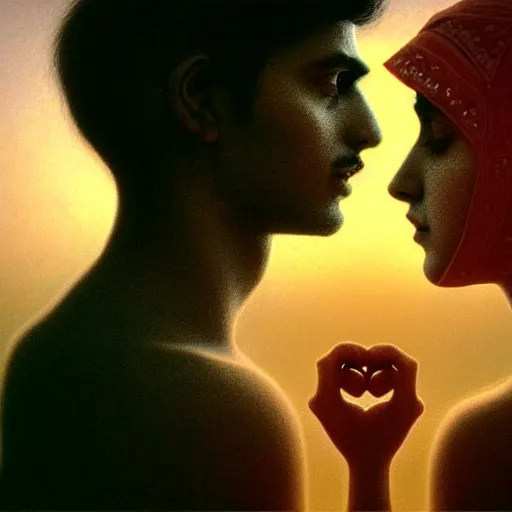 Image similar to perfectly - centered movie promotional poster - photograph of a young indian guy and a beautiful girl side profile faces symmetrical ; real life portrait by beksinski and jean delville, romantic theme, two lovers sharing one heart, unreal engine 5, photorealism, hd quality, 8 k resolution, cinema 4 d, hdr dramatic lighting ; symmetrical, cinematic, high coherence