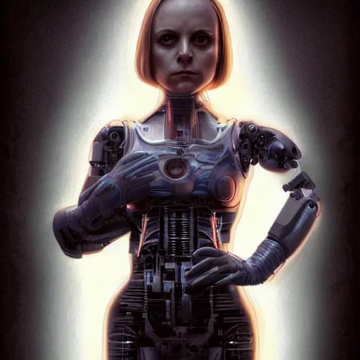 Image similar to fullbody, whole body, potrait of christina ricci as an cyborg, hyper realistic, digital painting. art station. mood lighting, highly detailed, concept art, intricate, sharp focus, by shaun berke - h 1 2 0 0