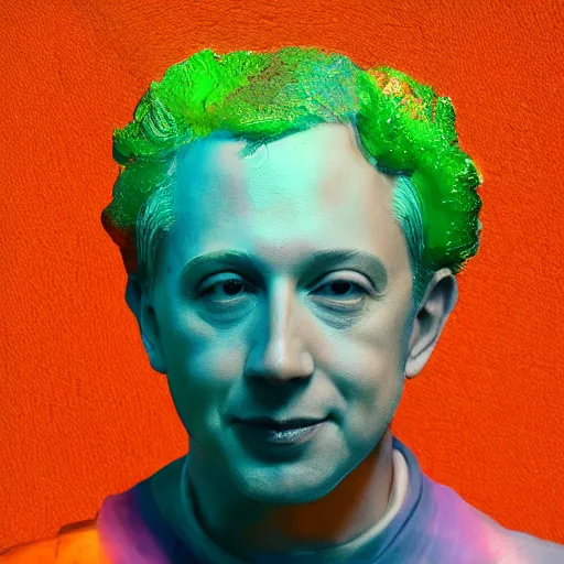 Prompt: Mark Zuckenberg by Lynda Benglis, octane render, transparent, zoomed out, orange backgorund, pastel colours, 4k, 8k, pleasent composition