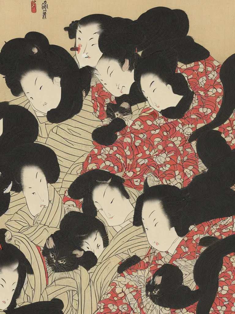 Prompt: Three Women and Three Cats, an ukiyo-e painting by Hokusai