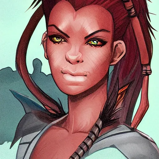 Prompt: dnd character illustration of a dark - skinned half - elf with messy red hair and golden eyes with slit pupils, androgynous