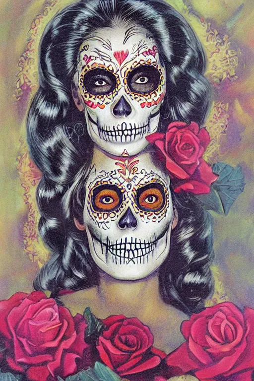 Prompt: Illustration of a sugar skull day of the dead girl, art by Earl Norem