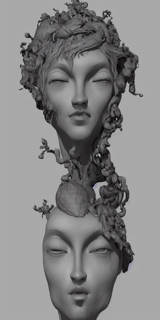 Image similar to a sculpture of mythical creatures by geenss archenti flores, elegant and beautiful female face, carved in stone, intricate, elegant, highly detailed, artstation, concept art, ambient occlusion, vray render,