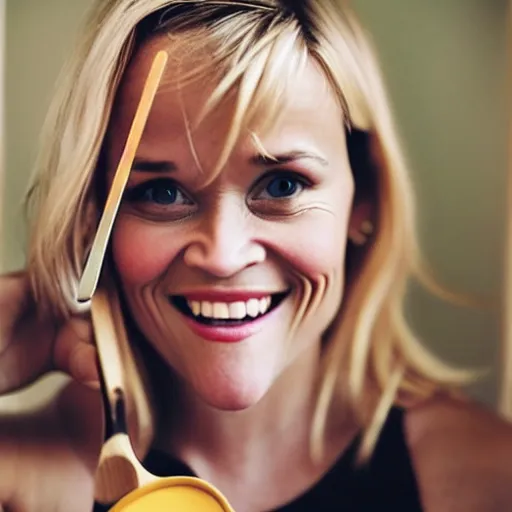 Image similar to reese witherspoon, holding a spoon, wooden spoon, cutlery, photography, smiling, portrait, soft focus