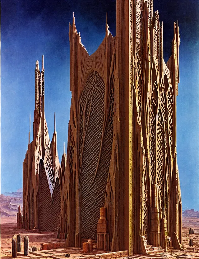 Image similar to giant immense crematorium advanced technology sci - fi architectural structure on desert planet, gothic architecture fantasy, d & d, intricate, painting by lucian freud and mark brooks, bruce pennington