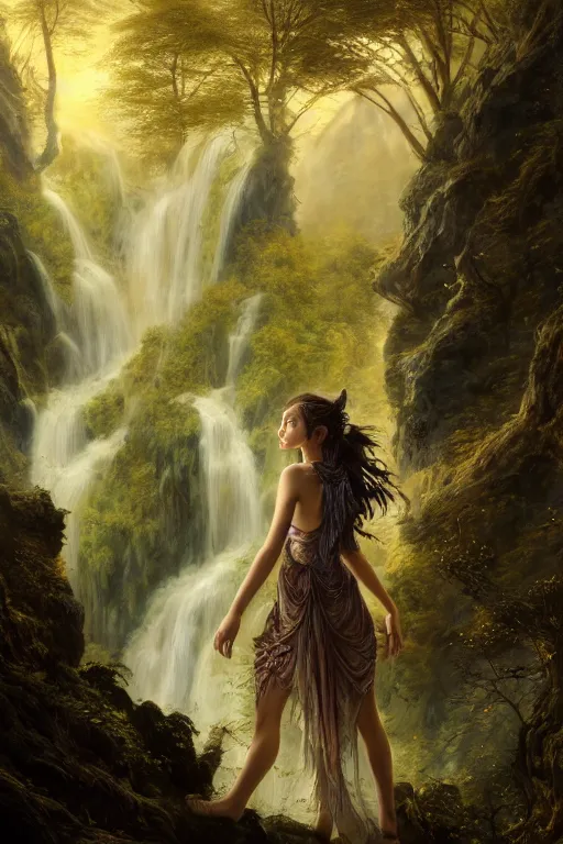 Image similar to detailed intricate digital illustration by greg rutkowski and david friedrich and ruan jia and fenghua zhong and steven belledi ; portrait of fairy girl standing in gothic fantasy valley and waterfall faerie fey unseelie in background ; 1 3 mm film, arri alfa anamorphic lens ; sharp focus, golden hour, fireflies ; trending on artstation 8 k closeup