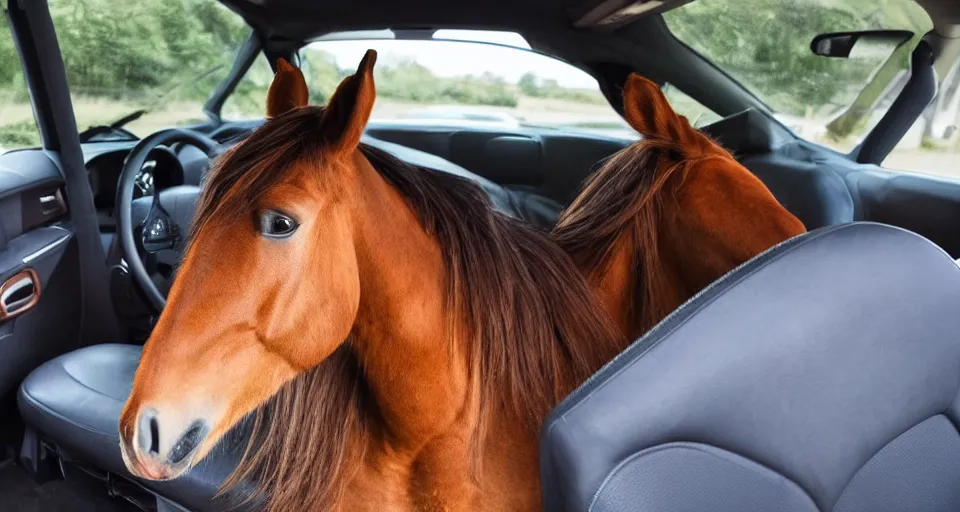 Prompt: horse inside of a car