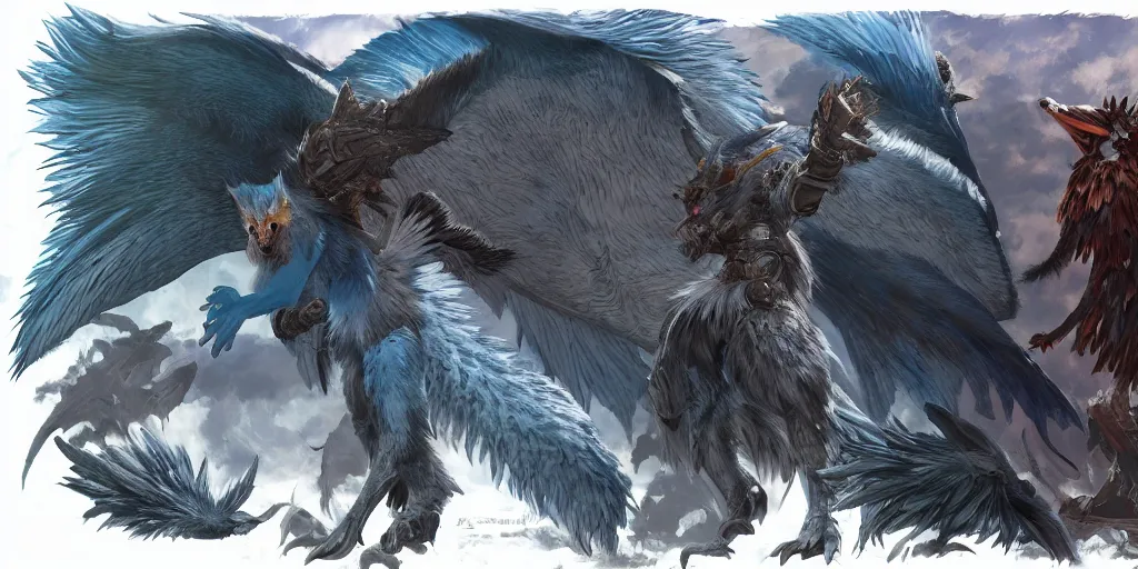 Image similar to Azure feathered winged wolf character design sheet, Monster Hunter Illustrations art book, big claws, huge wings, long tail, Moebius, Greg Rutkowski, Zabrocki, Karlkka, Jayison Devadas, Phuoc Quan, trending on Artstation, 8K, ultra wide angle, zenith view, pincushion lens effect.