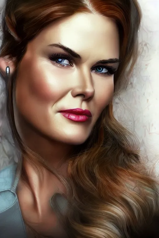 Image similar to mix of beautiful young maria shriver, mariel hemmingway, brooke shields, nicole kidman and elle macpherson as a snake, thin lips, hair tied up in a pony tail, dark blonde hair, colorful, artstation, cgsociety