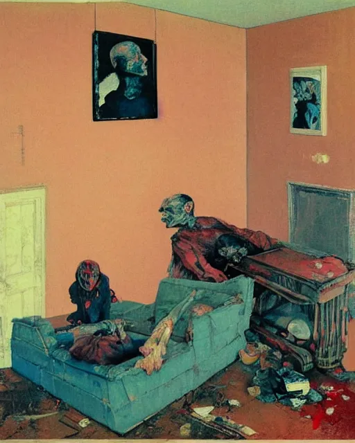 Image similar to old dead couple on couch in a decayed and ruined apartment room in the style of Francis Bacon and Syd Mead and Norman Rockwell and Beksinski, open ceiling, highly detailed, painted by Francis Bacon and Edward Hopper, painted by James Gilleard, surrealism, airbrush, very coherent, triadic color scheme, art by Takato Yamamoto and James Jean